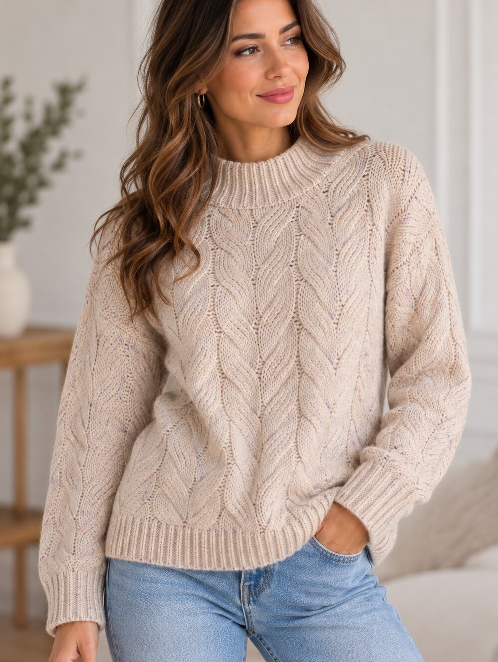 Joie Wesley Mock Neck Cable Knit Confetti Tweed Sweater NWT Size L